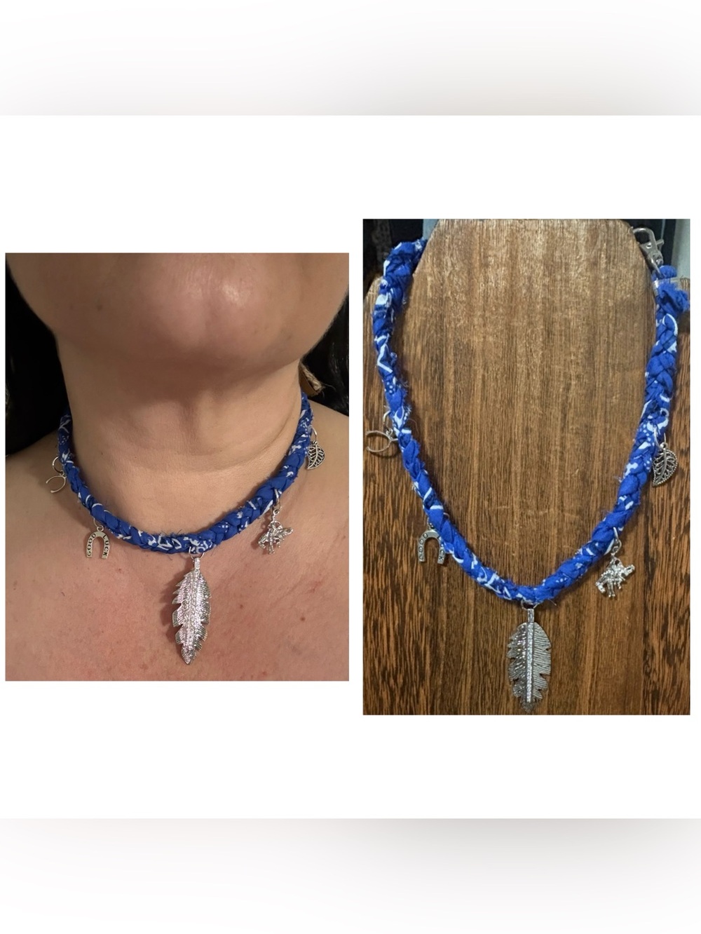 Handmade Blue and Silver Leaf Pendant Necklace with charms